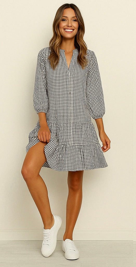 Rose – Gingham Button-Up Tiered Dress