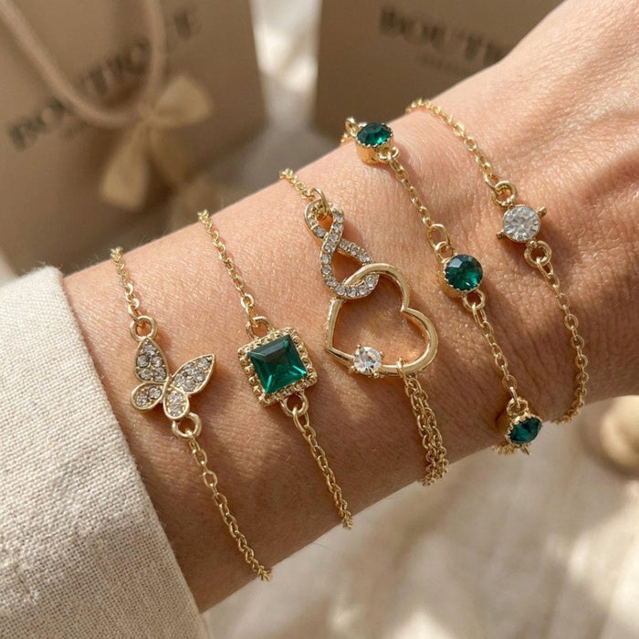 Openwork Heart Bracelet Set with Green Crystal