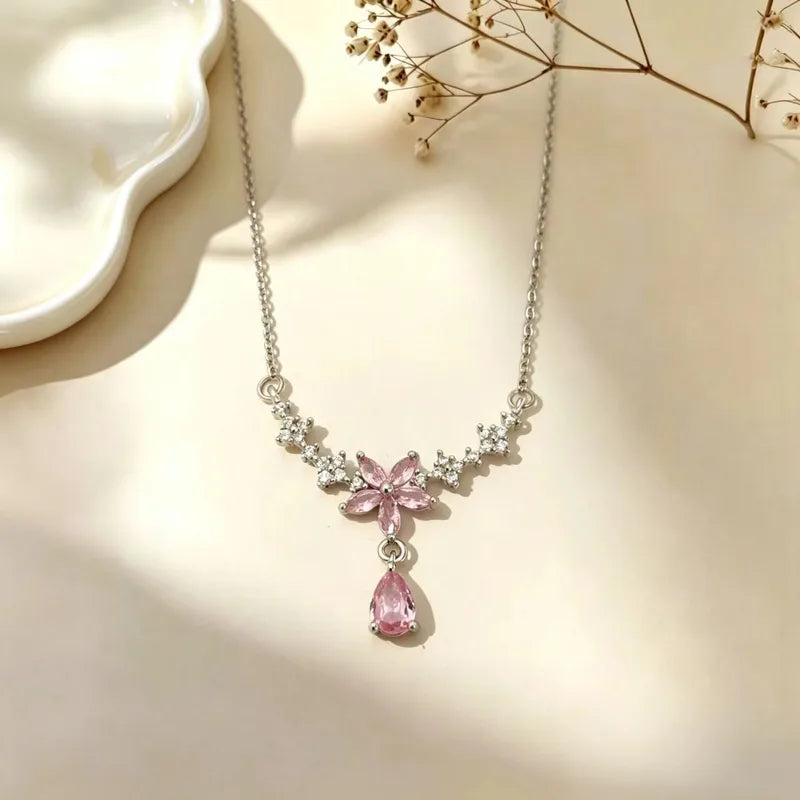 Pink Crystal Flower Drop Necklace