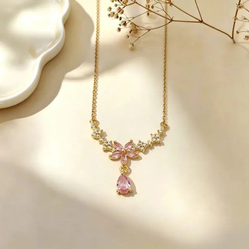 Pink Crystal Flower Drop Necklace