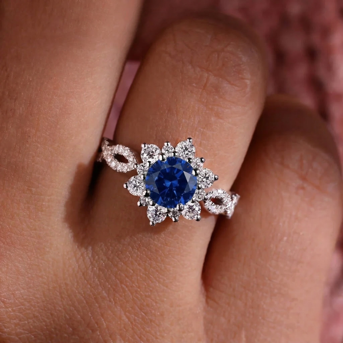 Sapphire Crystal Flower Ring – White Gold
