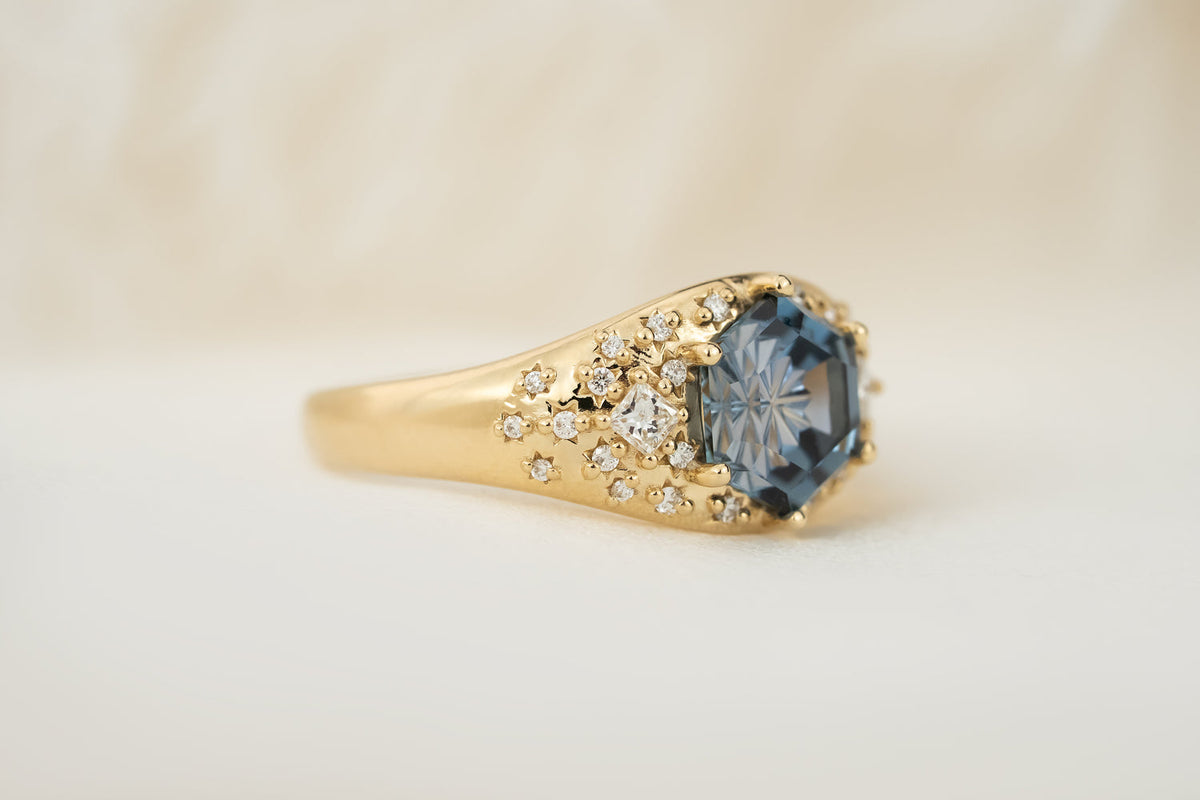 Gold Blue Hexagon Crystal Ring