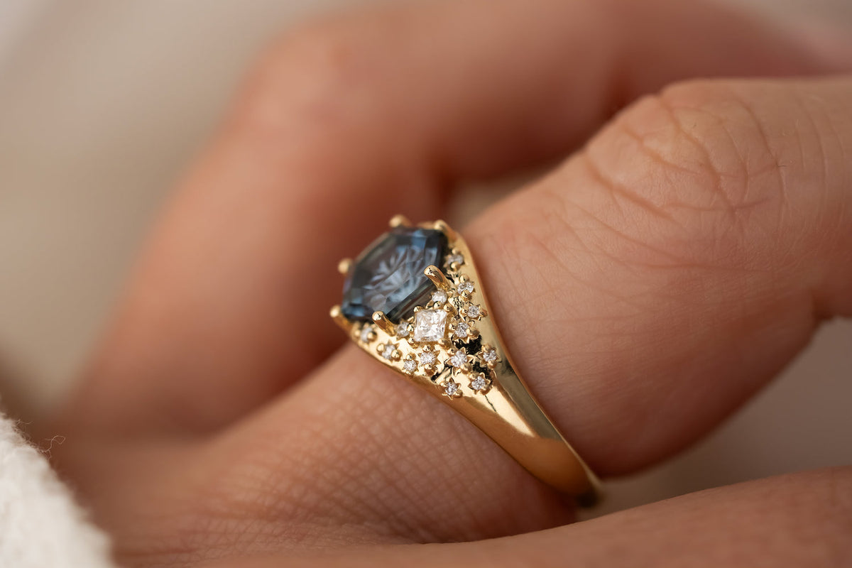 Gold Blue Hexagon Crystal Ring