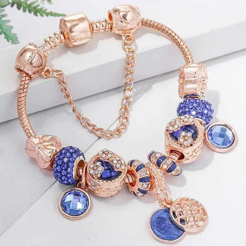Rose Silver Bracelet with Blue Crystal