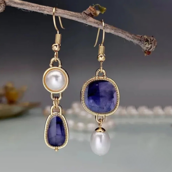 Elegant Earrings with Blue Stone and Pearls