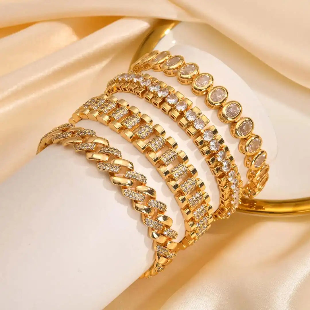 Adjustable Chunky Gold Bracelet Set with Cubic Zirconia