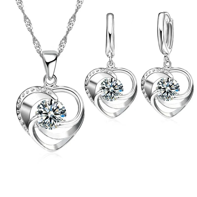 Sterling Silver Heart Necklace and Earring Set