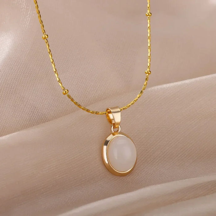 Chic Gold Stainless Steel Necklace with Teardrop Opal Pendant