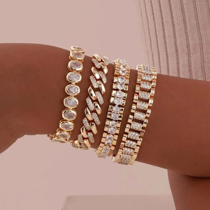 Adjustable Chunky Gold Bracelet Set with Cubic Zirconia