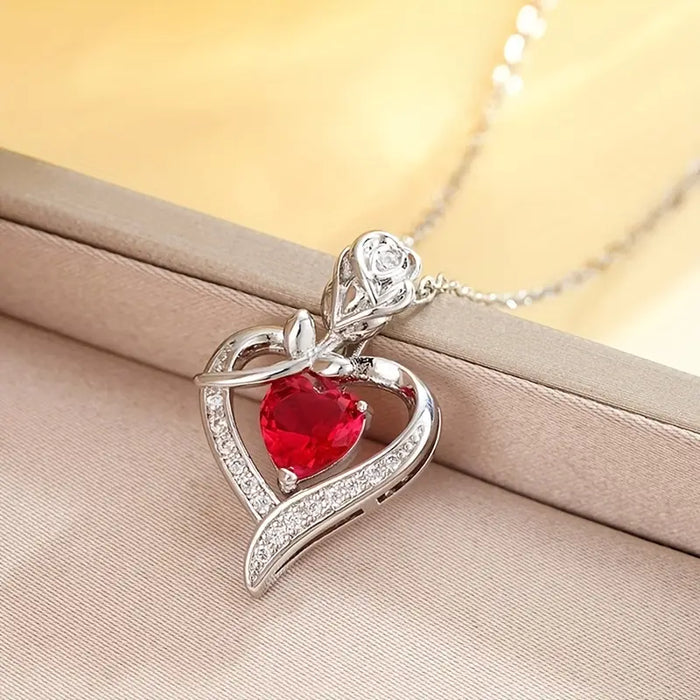 Ruby Heart Pendant Necklace – Silver