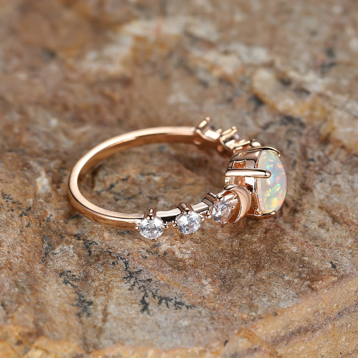 Opal Crescent Moon Ring – Rose Gold