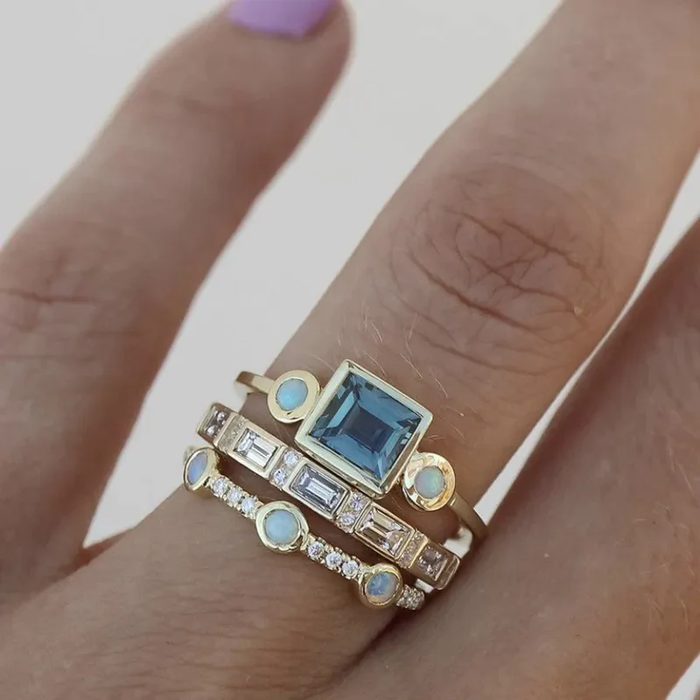 Vintage Ocean Ring Set with Blue Crystal