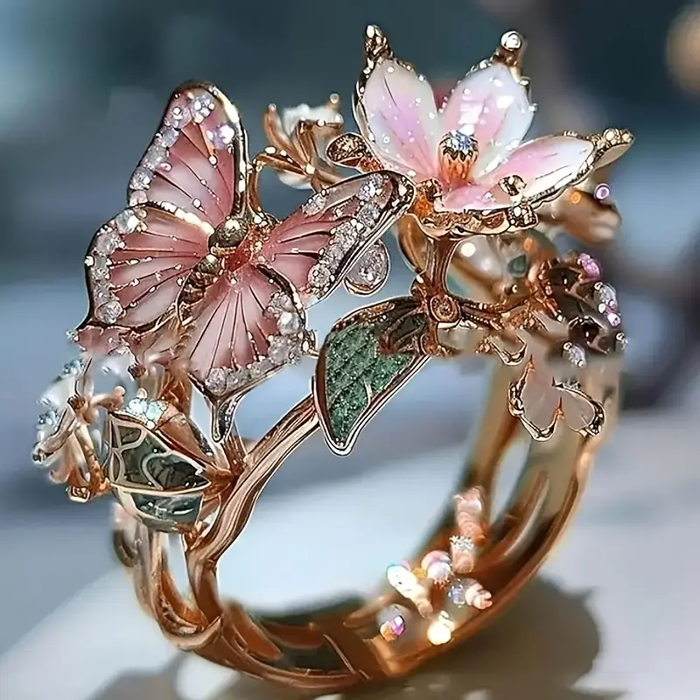 Nature-Inspired Luminous Butterfly Ring with Zircon